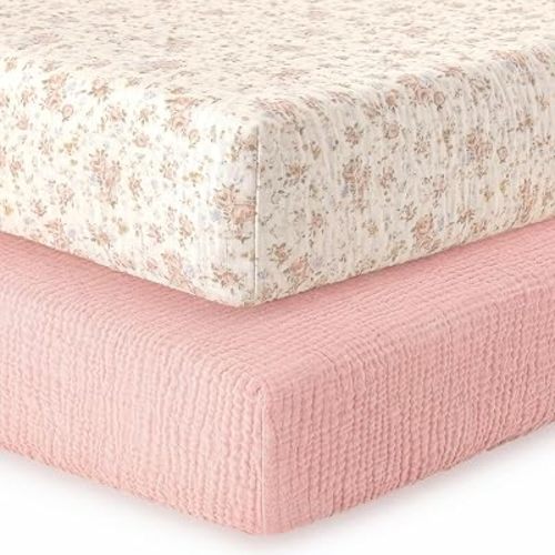 2 Pack Muslin Crib Sheets for Girl - 52” x 28”, Dusty Pink & Floral