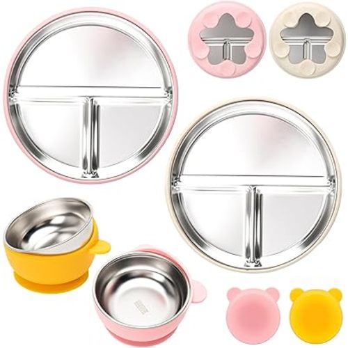 Stainless Steel Baby Plate and Bowls with Suction, Divided Kids Baby Plate and Toddler Bowl with Removable Silicone Suction, Non-Slip Baby Feeding Set Dishwasher Safe，4 Packs