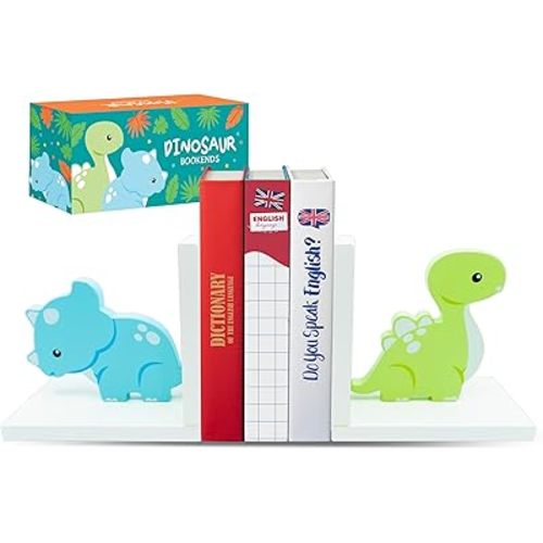 Decorably Dinosaur Bookends for Kids - 1 Set Non-Skid Wooden Kids Book Ends for Shelves, Dino Book Ends to Hold Books