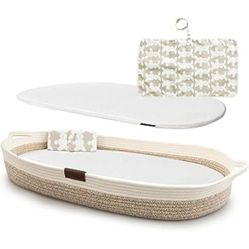 Yunioo Deluxe Baby Changing Basket with Extra Travel Diaper pad, Foam Changing pad and Water Repellent Cover, Cotton Rope Moses Basket, Changing Table Topper for Dresser (White Beige)