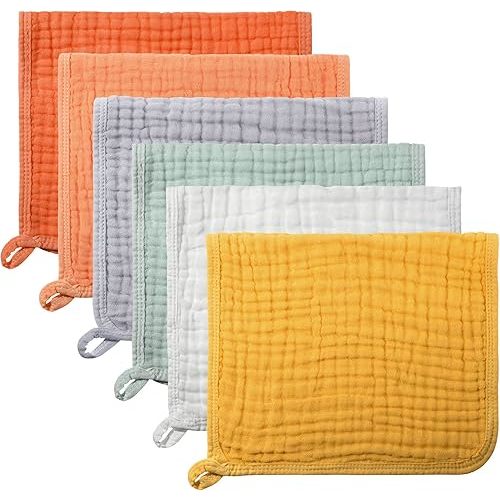 Hicarer 6 Pack Muslin Burp Cloths Cotton Baby Burping Rags Large 20 x 10 Inch 6 Layers Spit up Rags Soft Absorbent Multicolor Wash Cloths Diapers for Newborn Baby Girl Boy(Warm Color Series)