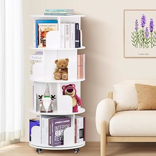 2025 New 4 Tier Rotating Bookshelf kids, Small Corner Bookshelf for Small Space, 360 Display Floor Standing Bookcase Storage Rack, Wood Narrow Book Shelf Organizer for Home Office,Bedroom, Living Room