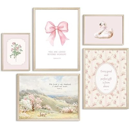 Nursery Christian Wall Art Bible Verses Canvas Wall Decor Baby Girl Room Poster Vintage Pink Nursery Prints Decor Floral Bow Swan Artwork Jesus Scripture Picture for Bedroom 8x10x5 Inch Wood Framed