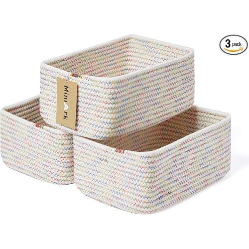 Small Storage Baskets for Organizing | Closet Organizer Bins | Shelf Toy Basket | Woven Rope Baskets | Cube Decorative Box | Shallow Basket | 11.5x7.5x4.7” | 3 Packs Rainbow