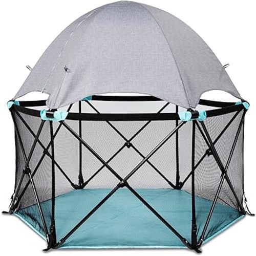 Summer Infant Pop ‘N Play Deluxe Ultimate Playard, Aqua Splash - Full Coverage Indoor/Outdoor Portable Play Pen with Fast, Easy and Compact Fold