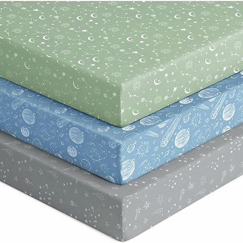 Baby Crib Sheets for Boys Girls, Fitted Crib Sheet Neutral 3 Pack for Standard Crib and Toddler Mattress, Breathable Soft Microfiber Baby Sheet 28x52x8in Green Gray Constellation