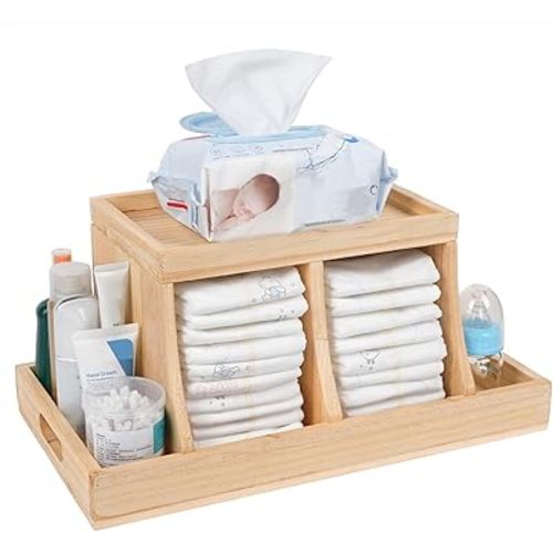 Diaper Caddy Organizer, Changing Table Organizer, Wooden Diaper Organizer for Nursery, Baby Diaper Storage Organizer with Removable Dividers (Brown, Rectangular Size)