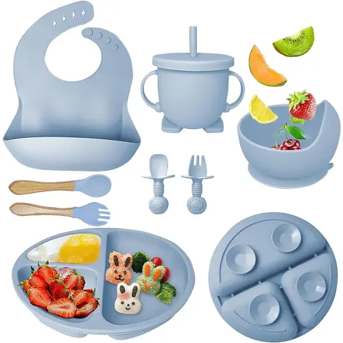 Silicone Baby Feeding Set, Baby Led Weaning Supplies with Suction Bowl Divided Plate, Toddler Self Feeding Dish Set with Spoons Forks Sippy Cup Adjustable Bib, Baby Eating Utensils(Grey Blue)