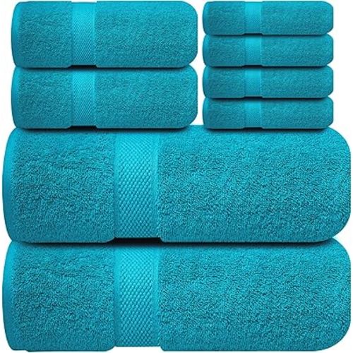 Infinitee Xclusives Luxury 100% Cotton Towel Set – 8 Piece Bathroom Towel Set (2 Bath Towels, 2 Hand Towels, 4 Washcloths) – Soft & Absorbent Towels for Bathroom (Serene Teal)