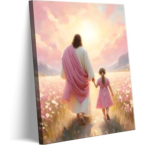 Jesus Walking with Girl Canvas Wall Art Christian The Way He Leads Wall Decor Picture I will walk with Christ Poster Print Religious God Artwork for Baby Girl Room Decoration 16x24in