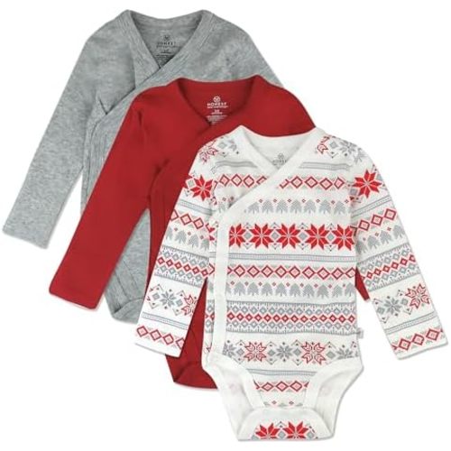 HonestBaby Baby Long Sleeve Side-Snap Organic Cotton Kimono Bodysuits (3 Pack)