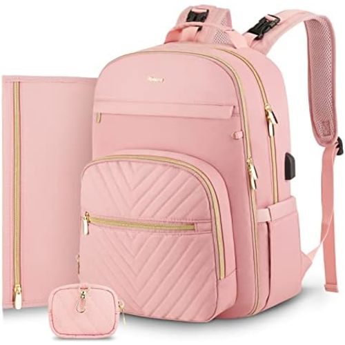MOMUVO Diaper Bag Backpack, Quilted Baby Bag with Changing Pad & Stroller Straps & Pacifier Case, Large Travel Diaper Bags for Mom Dad, Pink