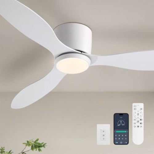 Ludomide 52 In. Modern White Ceiling Fans With Lights, Low Profile Flush Mount Ceiling Fan With Remote&Wall Control For Living Room Bedroom