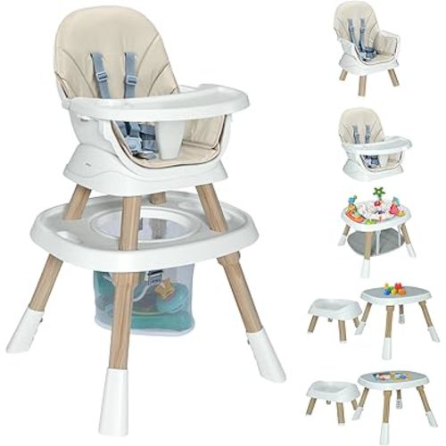 Baby High Chair with Activity Play Center,8-in-1 Convertible High Chairs for Babies and Toddlers with Baby Toys,Table and Chair Set Building Block Table,Highchair for Ages 6-120 Months,White