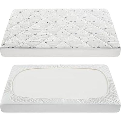 TILLYOU Pack and Play Sheets for Toddler Mattress, Mini Crib Sheets Fitted Up to 3" Deep, Breathable and Soft fit 39"x27", The Little Sun