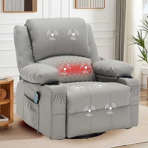Overstuffed Swivel Rocker Recliner Chairs with Massage Heat Faux Leather Thickly Padded Comfortable Manual Recliners with Cup Holders, Rocking Glider Chairs, Gray