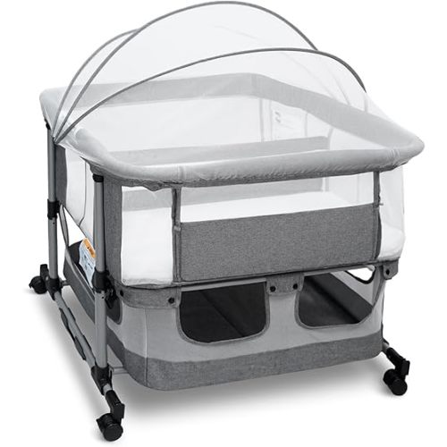 Twin Bassinet for 2 Babies, 3 in 1 Bedside Baby Bed, Rocking Bassinet with Wheels and Storage Basket, Full-Mesh Sides, 5-Height Adjustable, Portable Stable and Secure Baby Crib for Newborns