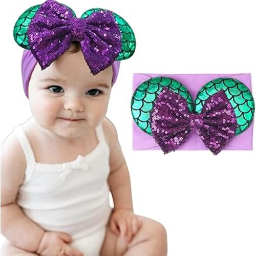 1PC Baby Girl Purple Mermaid Headband Mouse Ear Nylon Sequins Headband for Newborn Infant Baby Toddler Girls