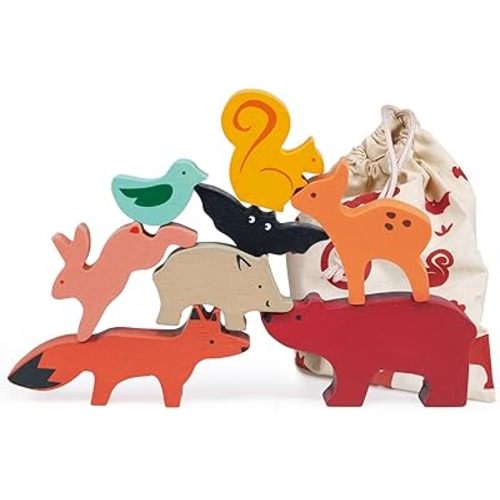 Mentari Toys - Happy Stacking Forest - 8pc Wooden Stacking Toy for Toddlers - Colorful Nature Theme Balancing Activity Toy with Bag - Boost Fine Motor Skills and Dexterity - Educational Toy - Age 18m+