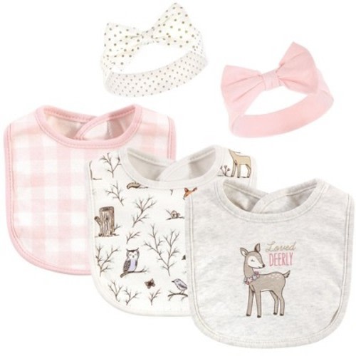 Hudson Baby Infant Girl Cotton Bib and Headband Set 5pk, Enchanted Forest, One Size