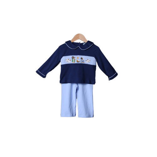 Smocked Nativity Navy Knit Pant Set