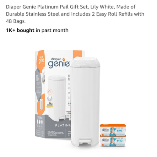 Diaper Genie Platinum Pail Gift Set, Lily White, Made of Durable Stainless Steel and Includes 2 Easy Roll Refills with 48 Bags.