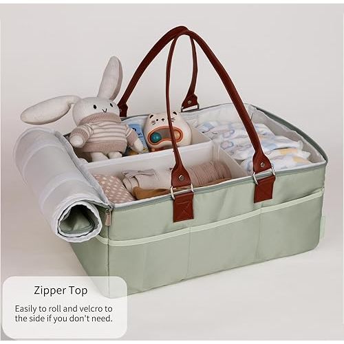 Diaper Caddy Organizer, Baby Basket for Baby Shower With Lid，Polyester Waterproof Car Caddy for New Born，Portable and Foldable Baby Essentials with Handle/8 Side Pockets(Green)