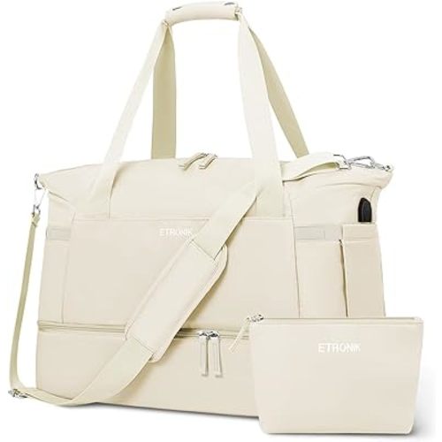 ETRONIK Gym Bag for Women, 55L Travel Duffel Bag with USB Charging Port, Weekender Overnight Bag with Wet Pocket and Shoes Compartment for Women Travel, Large Size (Beige)