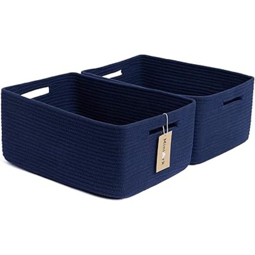 Large Storage Baskets for Shelves, Closet Organizers Bins for Clothes Blanket Towels, Baby Nursery, Toy Baskets Box, Woven Rope Baskets, 17 x 13 x 7.5”, 2 Packs Navy Blue