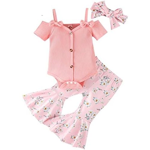Newborn Baby Girl Clothes Infant Rib Frill Long Sleeve Romper Floral Flared Pants Headband 3pcs Fall Winter Outfits