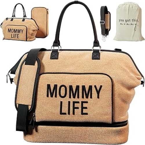 Mom Weekender Bag w/Removable Shoe Compartment - Luxury Diaper Bag - Diaper Bag Tote - Oversized Diaper Bag for Two Kids - Beige Diaper Bag - Mommy Hospital Bag for Women Labor Delivery