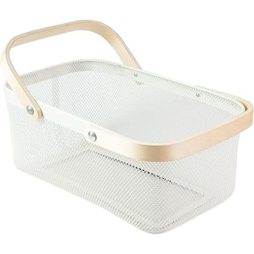Portable Garden Harvest Basket-Mesh Design Natural Bamboo Handle Wire Storage Baskets,Mesh Basket with Handle Organize Items Reduce Space Occupation,Suitable for Kitchen,Garden,Picnic(White)