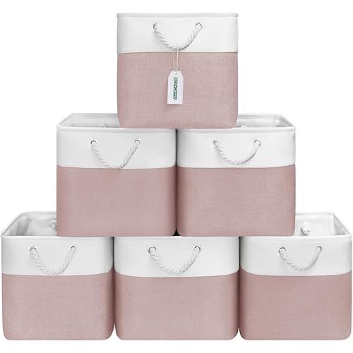 13x13 Inch Cube Storage Bins with Reinforced Bottom Cardboard, 6 Pack Large Collapsible Fabric Storage Cubes with Handles for Shelf, Closet, Toy, Laundry Organization (White&Pink)