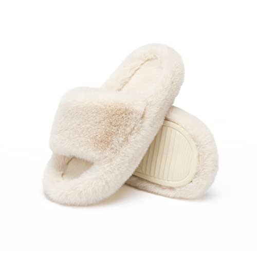 Chantomoo Women's Blue Memory Foam Faux Fur Lined Open Toe Slippers for Women - US 12