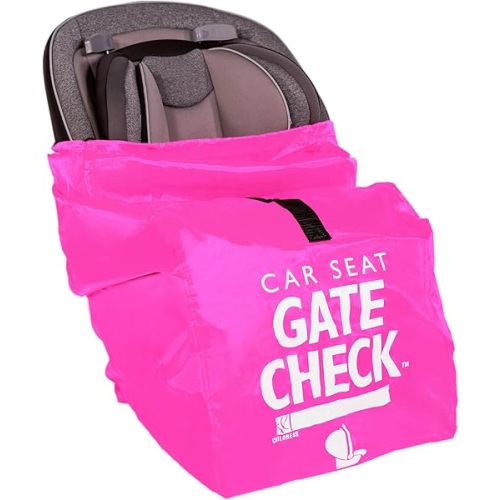 J.L. Childress Gate Check Bag for Car Seats - Travel Bag for Airplane - Includes AIRTAG Holder - Fits All Baby Car Seats, Infant Carriers & Child Booster Seats, Neon Pink