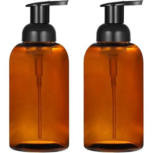 2 Pack Amber Glass Jar Soap Dispenser with Foaming Pump, 13 Ounce Amber Round Bottles Dispenser with Foaming Pump