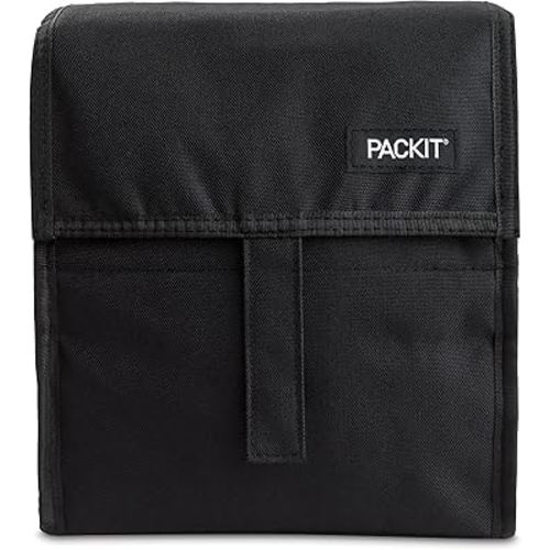 PackIt Freezable Lunch Bag, Black, Built with EcoFreeze Technology, Foldable, Reusable, Zip and Velcro Closure with Buckle Handle, Perfect for School and Office Lunches