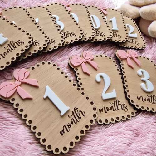 Pink Bow with Scallops Baby Month Milestone Picture Accessories, Monthly Baby Pictures, 1-12 Month Milestone Discs (#306)