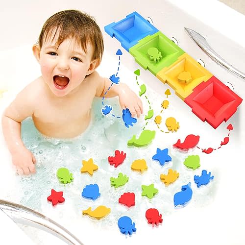 Zaxideel Bathtub Color Sorting Toys for Kids: Foam Bath & Shower Wall Toys for Toddlers, Fine Motor Skills Baby Stacking Water Table Toys, Suction Bath Boats, Early Learning Children Birthday Gifts