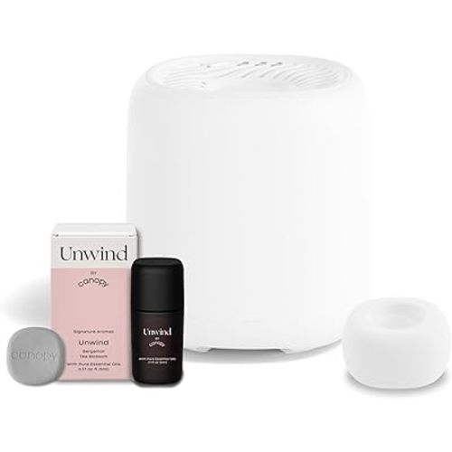 Canopy Bedside Diffuser – Waterless Technology – Diffuses Up to 400 Sq Ft – 3 Fan Speeds – Includes Diffuser, Diffusion Well, Unwind Aroma, Power Cord & Adapter (White)