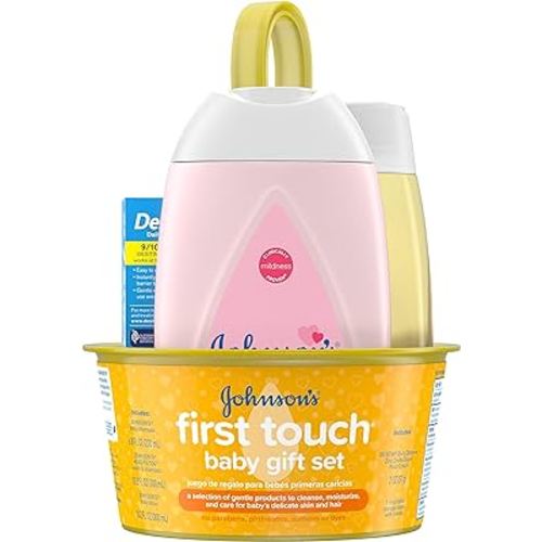 Johnson's First Touch Baby Gift Set, Baby Bath, Skin, & Hair Essential Products, Kit for New Parents with Wash, Shampoo, Lotion, & Diaper Rash Cream, Hypoallergenic & Paraben-Free, 5 Items
