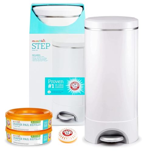 Munchkin® Step™ Diaper Pail Powered by Arm & Hammer, #1 in Odor Control, Award-Winning, Includes 1 Snap, Seal & Toss™ Bag, 2 Refill Rings, 1 Starter Refill Ring, and 2 Puck™ Baking Soda Cartridges
