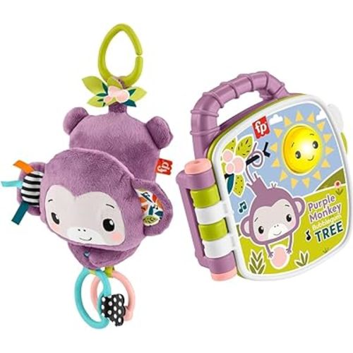 Bundle of Fisher-Price Baby Stroller Sing & Go Purple Monkey Musical Sensory Plush with Crinkle & Clackers for Newborns + Fisher-Price Purple Monkey Musical Storybook with Lights & Sounds, 6+ Months