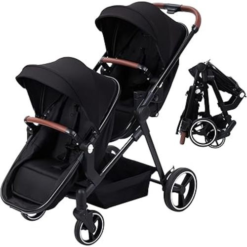Double Track Tandem Stroller, Foldable Bassinet Pram for Infant and Toddler, Multi-Position Reversible Pushchair with Large Storage Basket, Adjustable Backrest & Canopy, Black