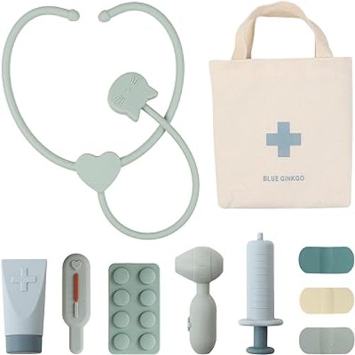 BLUE GINKGO Toddler Doctor Kit - 10-Piece Silicone Toddler Doctor Playset (with Bag) | Durable Toy Medical Kits, Pretend Play for Toddlers 3-5 (Green)