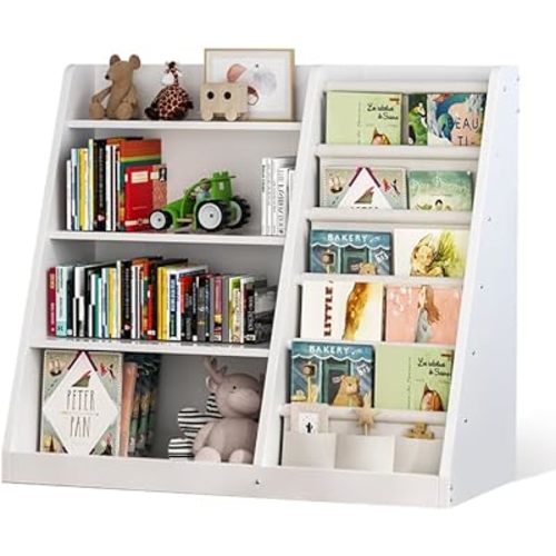 Kids Bookshelf and Toy Storage Organizer, 4 Tier Wooden Kids Book Shelf with Sling Book Rack in Kids Room Playroom Nursery for Kids, Children, Toddlers, White