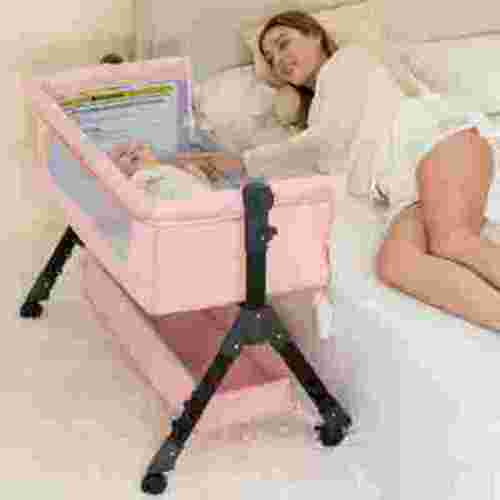 kmaier Baby Bassinet Sleeper, Adjustable Bedside Sleeper, Breathable Mesh with Wheels for 0-18 Months-Pink