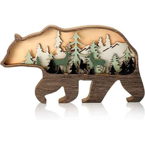 Honoson Forest Animal Rustic Wall Art Decor Wooden Farmhouse Wall Decoration Wooden Animal Decor Wood Forest and Mountain Ornaments for Cabin Bedroom Living Room Decor (Bear Style, Colorful)
