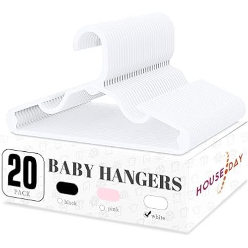 HOUSE DAY Plastic Baby Hangers for Closet 20 Pack, Durable Plastic Kids Hangers for Baby Clothes, Thin & Compact Childrens Hangers, Space Saving White Baby Hanger, Small Hanger for Kids Clothes