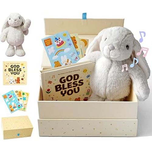 Praise Bunny Christian Gift Set for Kids – 11” Singing Plush Toy with 3 Bible Songs, Hardcover Blessing Book, Keepsake Box, Stickers - Birthday, Christening Gift for Baby, Toddlers